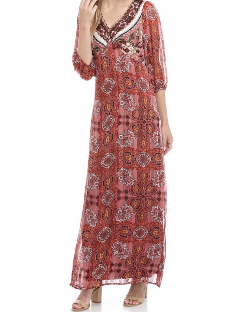Boho V-Neck Maxi Dress in Rust Floral